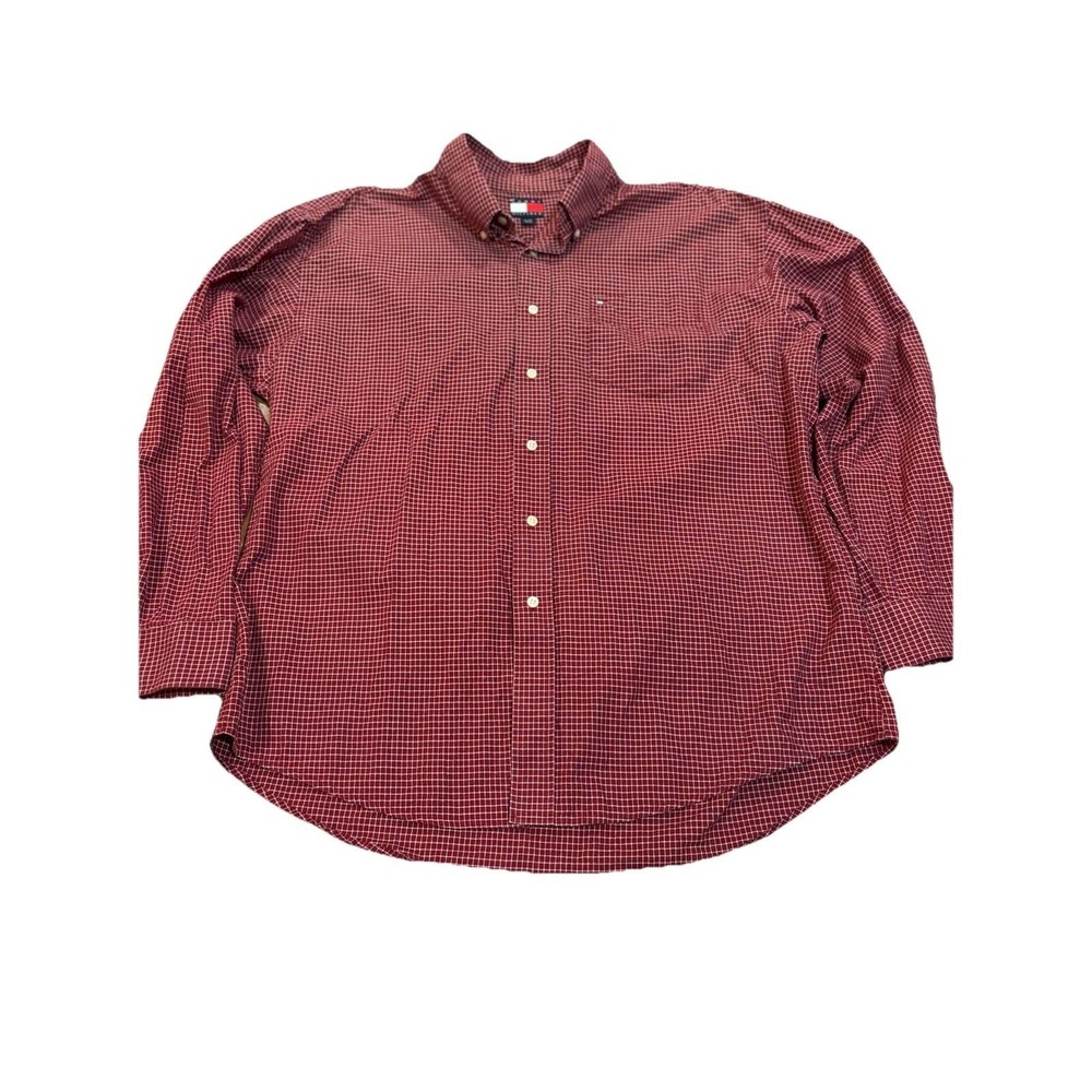 Tommy Hilfiger Small Squares Check Shirt Mens Size XL Red Gingham 100% Cotton‎